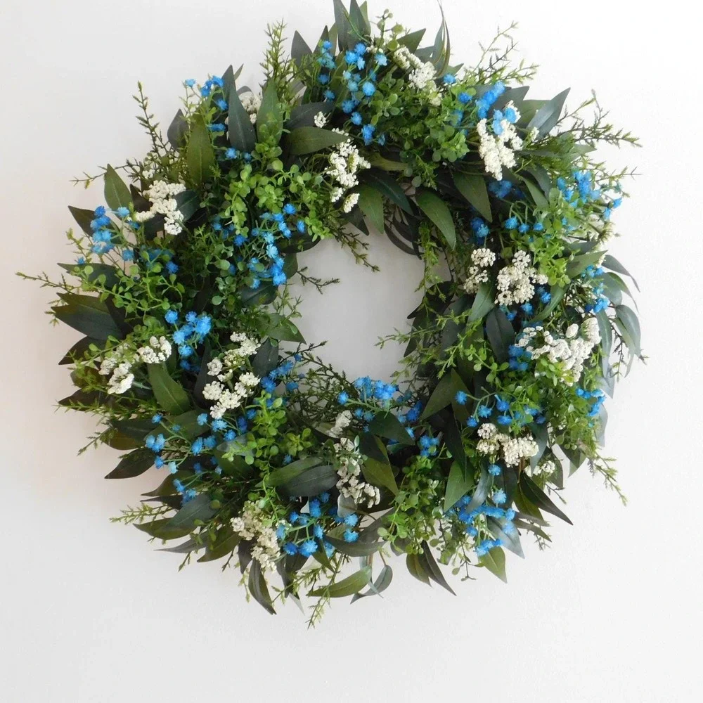 Artificial Year Round Greenery Wreath Blue and White‎ Flowers Housewarming Gift